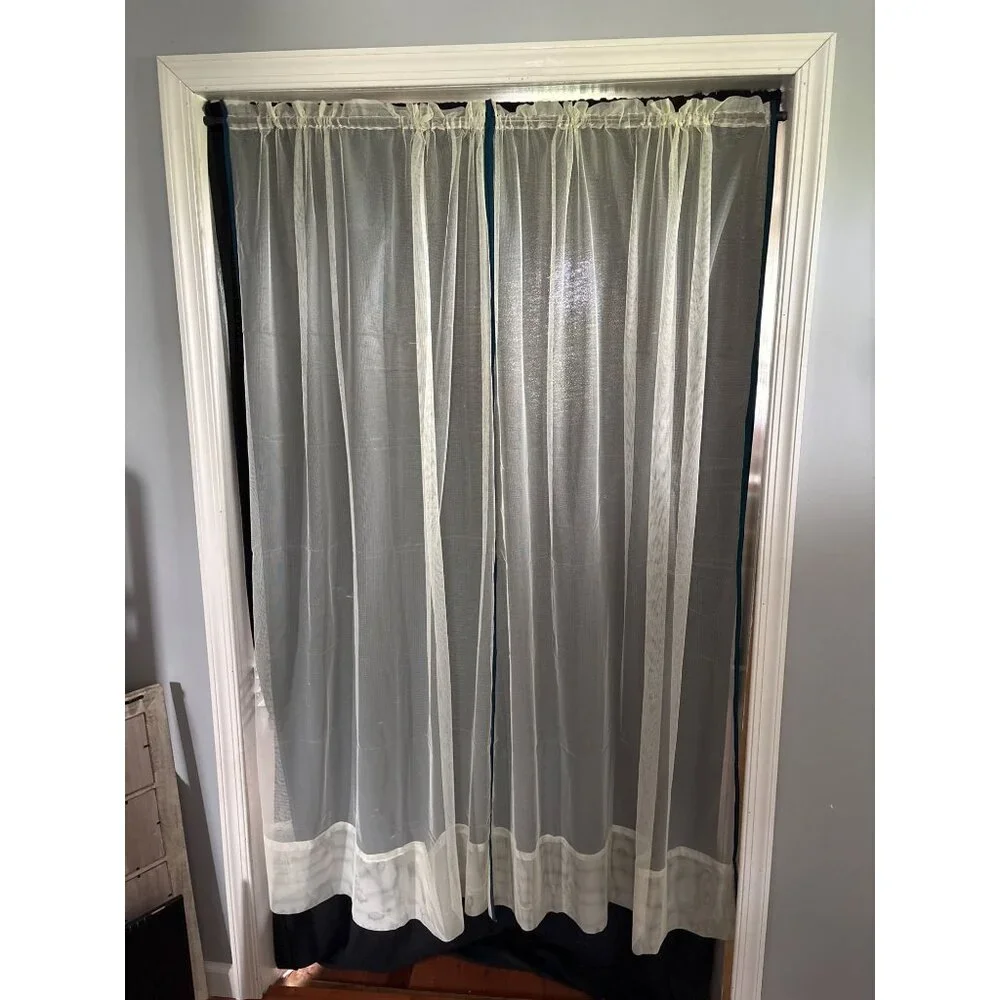 Sheer Cream Curtains with Teal Trim Set 2 39